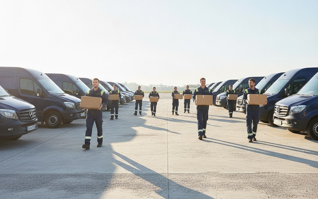 Drivers carrying parcels to their vans in a dispatch yard at dawn