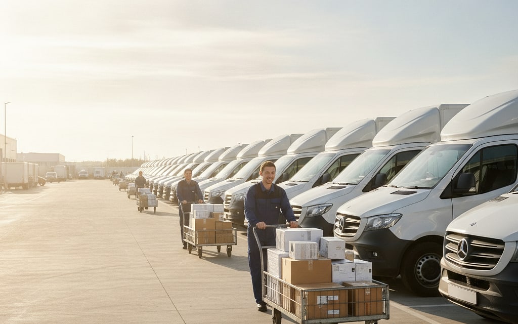 Parcel depot at blue hour with a row of vans and workers moving parcel carts