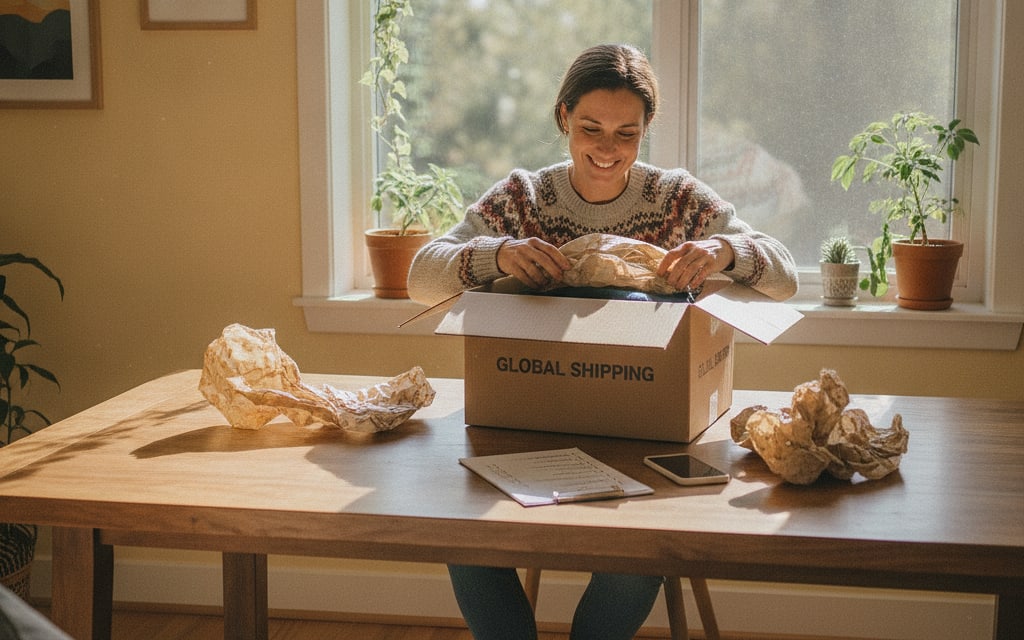 Person at a kitchen table at home packing and inspecting a parcel with a checklist and phone