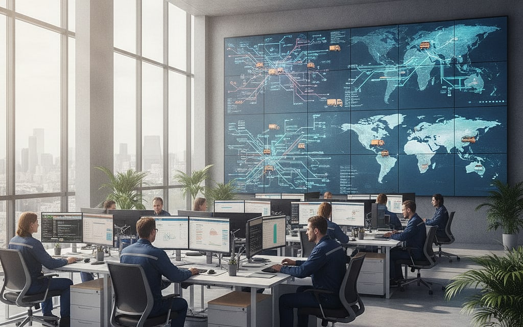 Logistics control room with wall displays tracking shipments