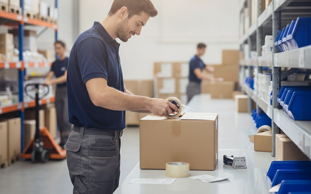 Warehouse worker taping a cardboard box shut at a packing station