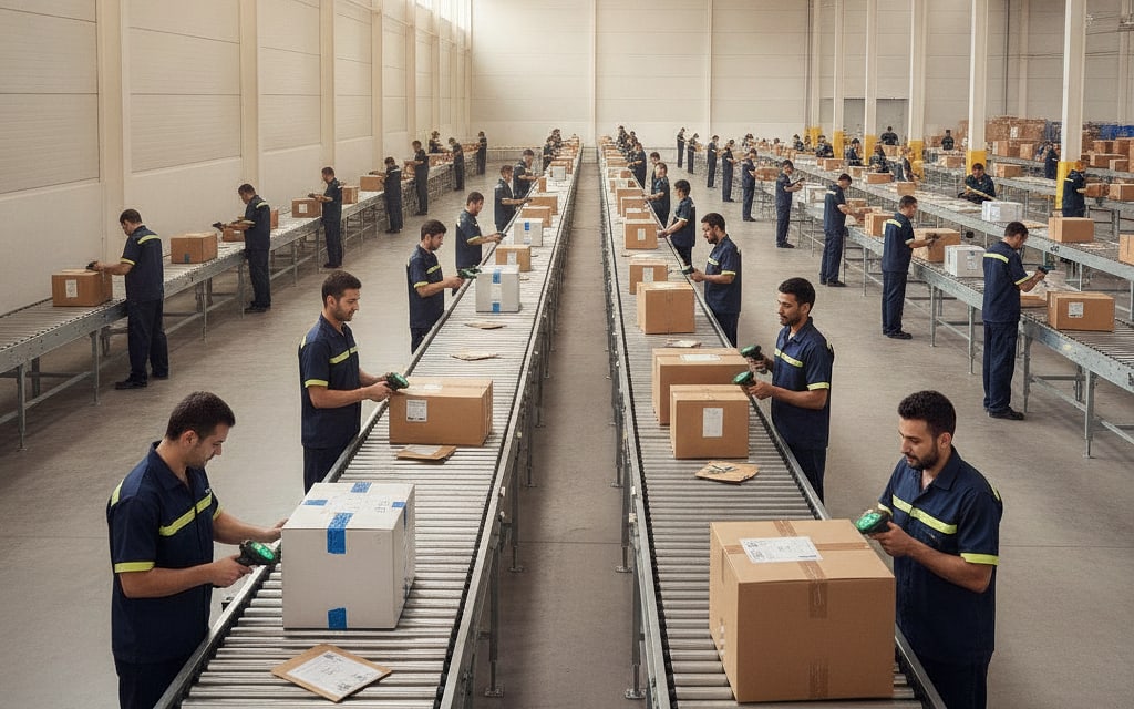 Workers scanning and sorting parcels on a conveyor in a fulfilment centre