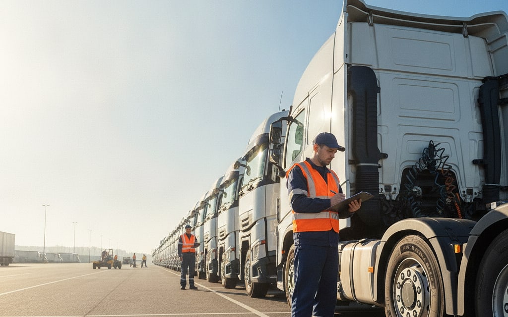 Driver in a hi-vis vest doing a walk-around check on a truck at dawn